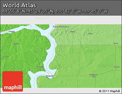 Political 3D Map of the Area around 45° 10' 22" N, 100° 13' 29" W