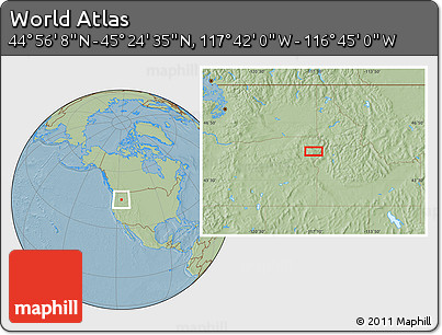 Savanna Style Location Map of the Area around 45° 10' 22" N, 117° 13' 29" W, hill shading