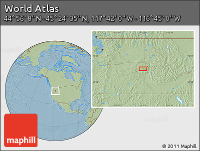 Savanna Style Location Map of the Area around 45° 10' 22" N, 117° 13' 29" W, hill shading