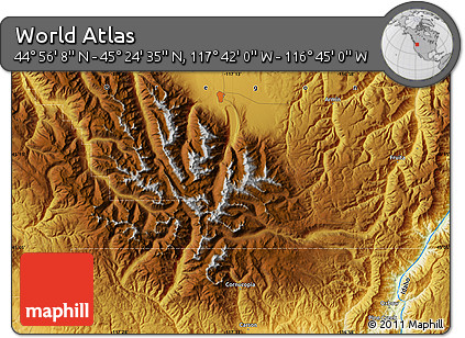Physical Map of the Area around 45° 10' 22" N, 117° 13' 29" W