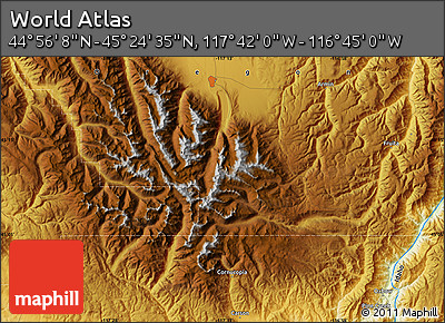 Physical Map of the Area around 45° 10' 22" N, 117° 13' 29" W