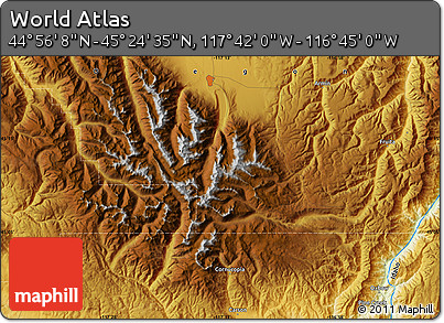Physical Map of the Area around 45° 10' 22" N, 117° 13' 29" W