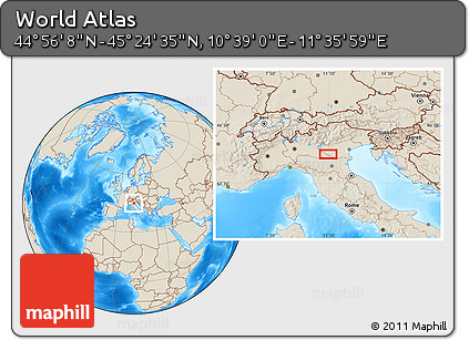 Shaded Relief Location Map of the Area around 45° 10' 22" N, 11° 7' 30" E