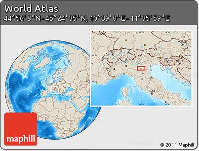 Shaded Relief Location Map of the Area around 45° 10' 22" N, 11° 7' 30" E