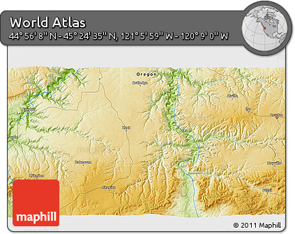 Physical 3D Map of the Area around 45° 10' 22" N, 120° 37' 30" W
