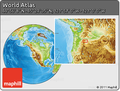 Physical Location Map of the Area around 45° 10' 22" N, 121° 28' 29" W