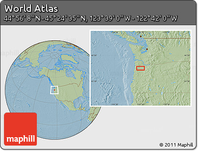 Savanna Style Location Map of the Area around 45° 10' 22" N, 123° 10' 30" W, hill shading