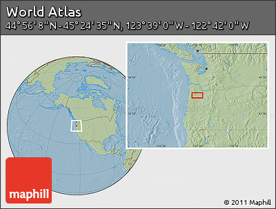 Savanna Style Location Map of the Area around 45° 10' 22" N, 123° 10' 30" W, hill shading
