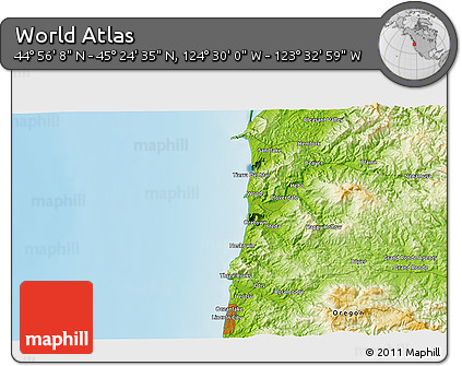 Physical 3D Map of the Area around 45° 10' 22" N, 124° 1' 30" W