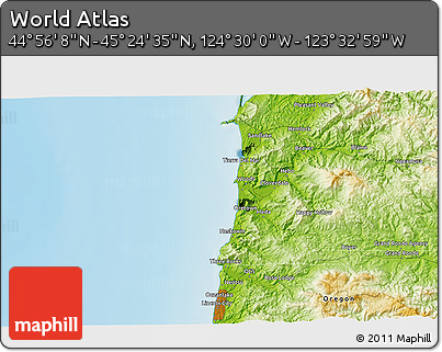Physical 3D Map of the Area around 45° 10' 22" N, 124° 1' 30" W