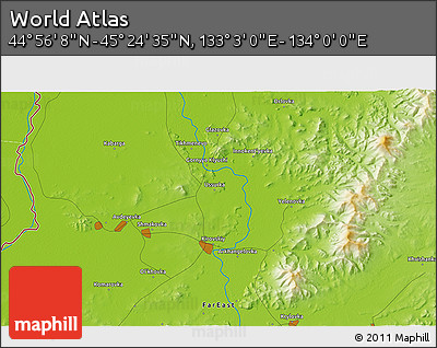 Physical 3D Map of the Area around 45° 10' 22" N, 133° 31' 30" E