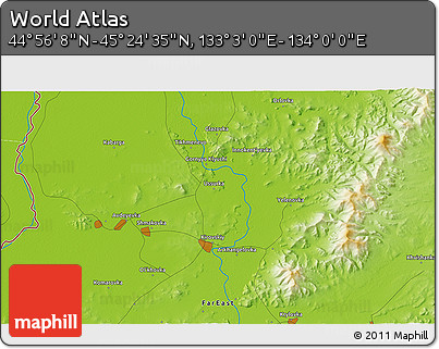 Physical 3D Map of the Area around 45° 10' 22" N, 133° 31' 30" E