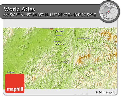 Physical 3D Map of the Area around 45° 10' 22" N, 134° 22' 30" E