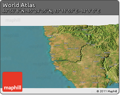 Satellite 3D Map of the Area around 45° 10' 22" N, 13° 40' 30" E