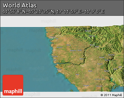Satellite 3D Map of the Area around 45° 10' 22" N, 13° 40' 30" E