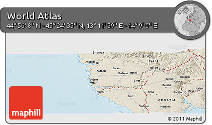 Shaded Relief Panoramic Map of the Area around 45° 10' 22" N, 13° 40' 30" E