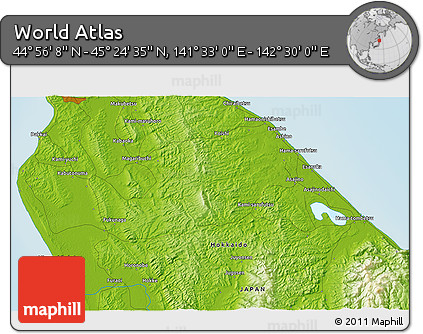 Physical 3D Map of the Area around 45° 10' 22" N, 142° 1' 30" E