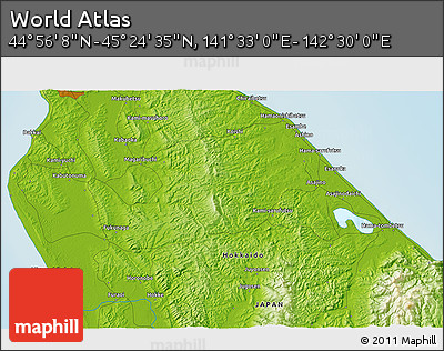 Physical 3D Map of the Area around 45° 10' 22" N, 142° 1' 30" E
