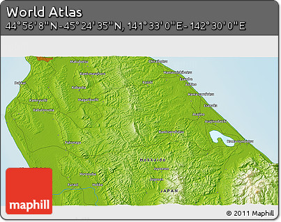 Physical 3D Map of the Area around 45° 10' 22" N, 142° 1' 30" E