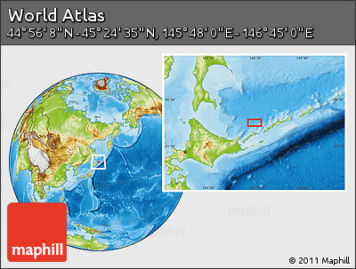 Physical Location Map of the Area around 45° 10' 22" N, 146° 16' 30" E