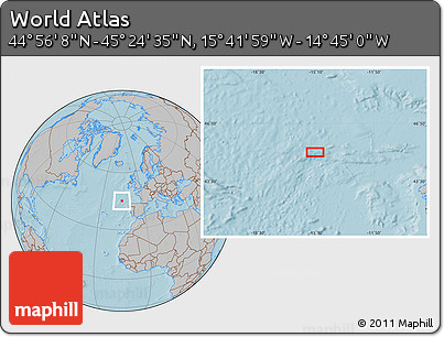 Gray Location Map of the Area around 45° 10' 22" N, 15° 13' 29" W, hill shading