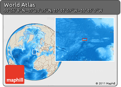 Shaded Relief Location Map of the Area around 45° 10' 22" N, 15° 13' 29" W