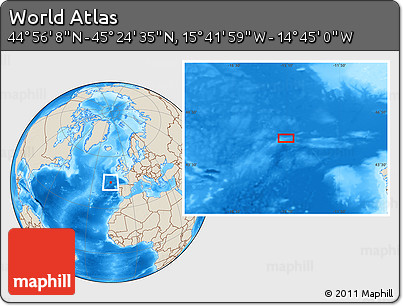Shaded Relief Location Map of the Area around 45° 10' 22" N, 15° 13' 29" W