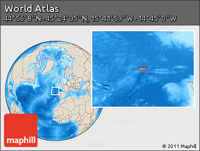 Shaded Relief Location Map of the Area around 45° 10' 22" N, 15° 13' 29" W