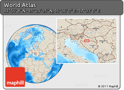Shaded Relief Location Map of the Area around 45° 10' 22" N, 17° 4' 30" E
