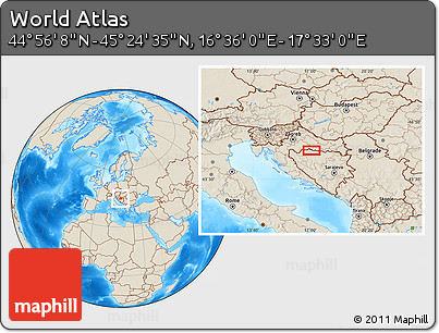 Shaded Relief Location Map of the Area around 45° 10' 22" N, 17° 4' 30" E