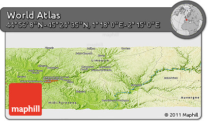 Physical Panoramic Map of the Area around 45° 10' 22" N, 1° 46' 29" E
