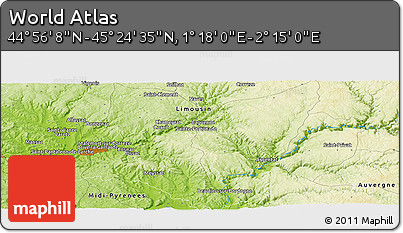 Physical Panoramic Map of the Area around 45° 10' 22" N, 1° 46' 29" E