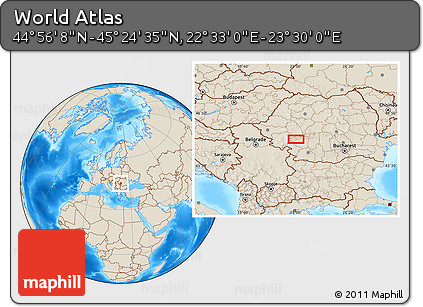 Shaded Relief Location Map of the Area around 45° 10' 22" N, 23° 1' 29" E