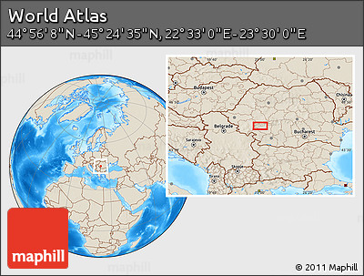 Shaded Relief Location Map of the Area around 45° 10' 22" N, 23° 1' 29" E