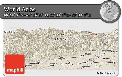 Shaded Relief Panoramic Map of the Area around 45° 10' 22" N, 23° 1' 29" E