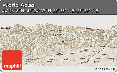 Shaded Relief Panoramic Map of the Area around 45° 10' 22" N, 23° 1' 29" E