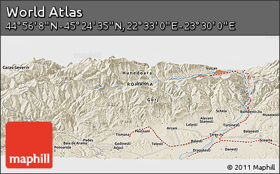 Shaded Relief Panoramic Map of the Area around 45° 10' 22" N, 23° 1' 29" E