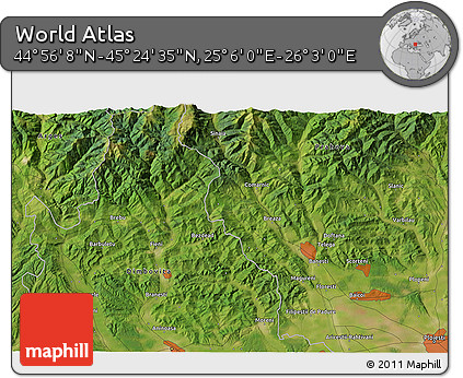 Satellite 3D Map of the Area around 45° 10' 22" N, 25° 34' 30" E