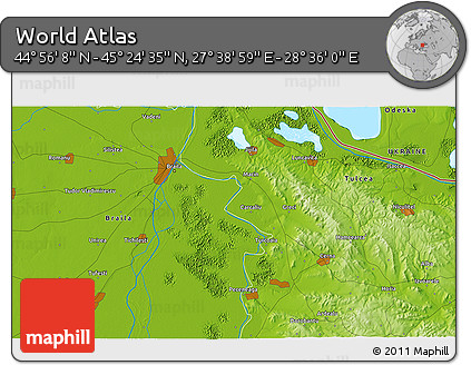 Physical 3D Map of the Area around 45° 10' 22" N, 28° 7' 30" E