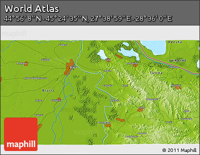 Physical 3D Map of the Area around 45° 10' 22" N, 28° 7' 30" E