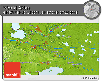 Physical 3D Map of the Area around 45° 10' 22" N, 28° 58' 30" E