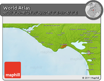 Physical 3D Map of the Area around 45° 10' 22" N, 33° 13' 30" E