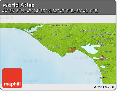 Physical 3D Map of the Area around 45° 10' 22" N, 33° 13' 30" E