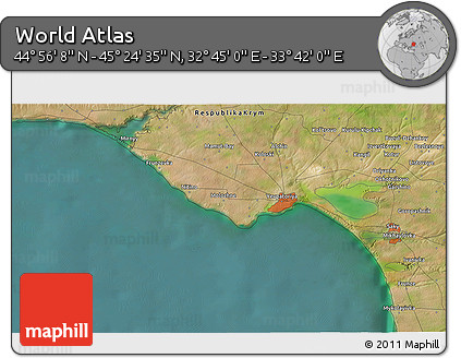 Satellite 3D Map of the Area around 45° 10' 22" N, 33° 13' 30" E