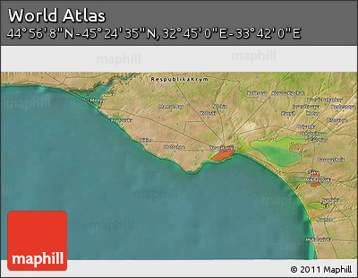 Satellite 3D Map of the Area around 45° 10' 22" N, 33° 13' 30" E