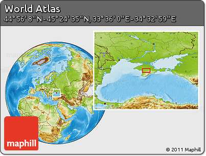 Physical Location Map of the Area around 45° 10' 22" N, 34° 4' 30" E
