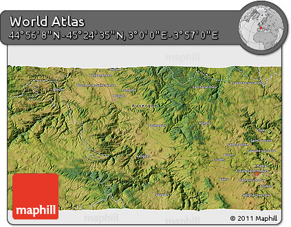 Satellite 3D Map of the Area around 45° 10' 22" N, 3° 28' 30" E