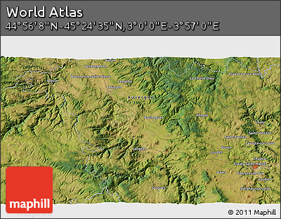 Satellite 3D Map of the Area around 45° 10' 22" N, 3° 28' 30" E