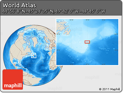 Shaded Relief Location Map of the Area around 45° 10' 22" N, 49° 13' 30" W
