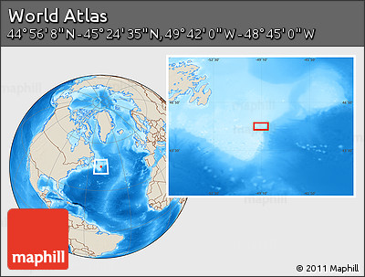 Shaded Relief Location Map of the Area around 45° 10' 22" N, 49° 13' 30" W
